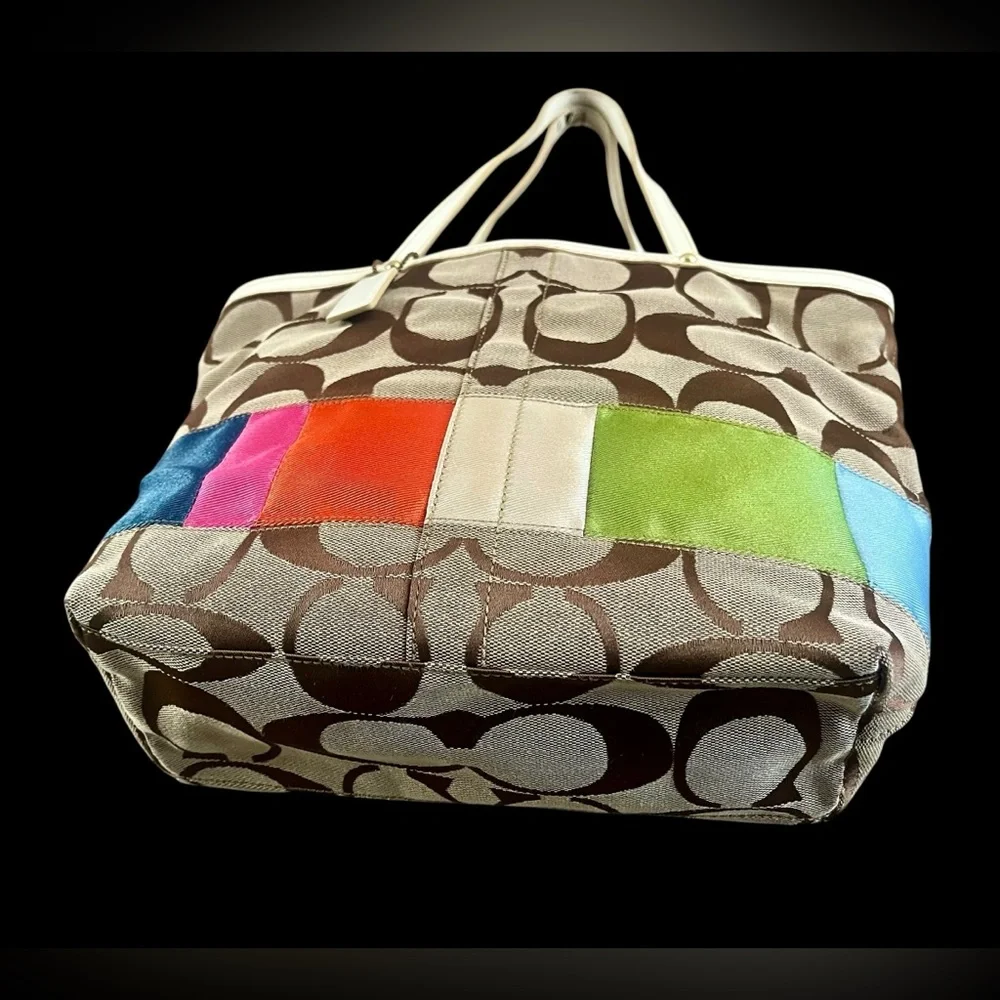 Vintage Coach Brown Signature Canvas Tote with Multicolor Accent Panels